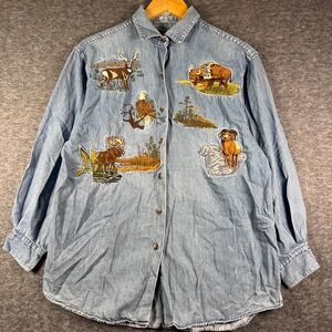 Cambridge Country Store Vintage Denim Shirt Wildlife Embroidered Mens Medium